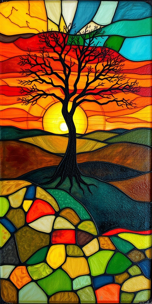 A vibrant abstract painting on Tiffany Glass, blending acrylic and alcohol ink techniques, captures a dramatic sunset over rolling hills. The artwork features a textured, rocky foreground in green and brown, layered abstract hills, and a striking sunset in rich oranges, yellows, and reds. A solitary black tree with intricate branches contrasts against the fiery sky, creating a dynamic and expressive portrayal of a breathtaking natural scene.