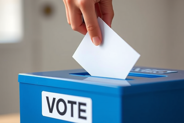 A hand dropping a ballot into a blue ballot box with a "VOTE" label, captured with a DSLR camera at f/5.6 aperture, 1/200s shutter speed, ISO 100, in a close-up view with a soft focus background to enhance image quality.