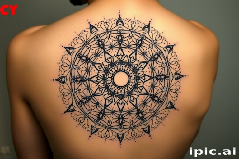 Dotwork mandala tattoo dubbed "Cosmic Constellation" using thousands of meticulously placed dots to form intricate circular patterns resembling celestial bodies and sacred geometry