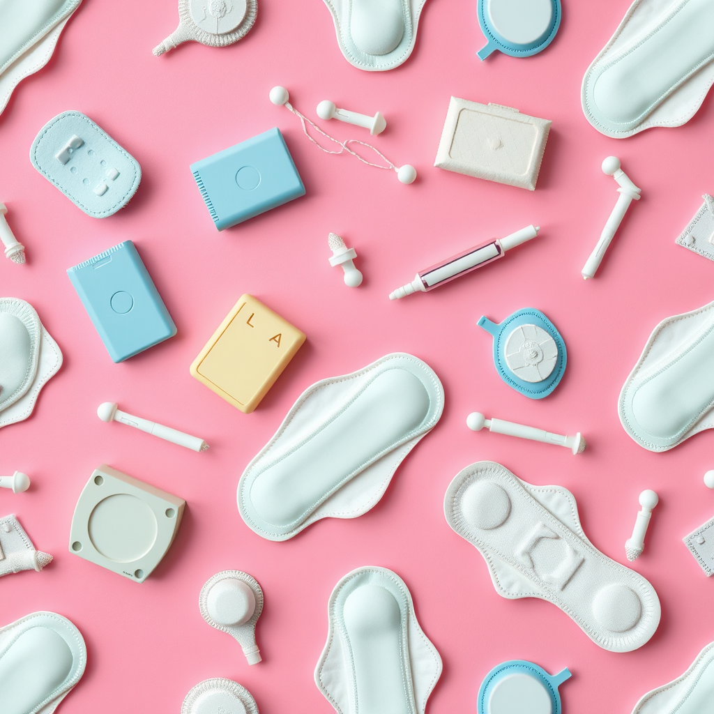 Create a seamless pattern showing menstrual products like pads and tampons on a soft pink background, use a DSLR camera with a 50mm lens, aperture f/2.8, shutter speed 1/125s, ISO 100, top-down view, flat lay style for enhanced clarity and color vibrancy.
