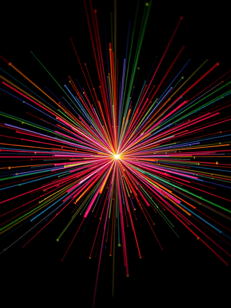 colorful burst of lines radiating from a central point on a black background, shot with a DSLR camera, 50mm lens, aperture f/11, ISO 100, 1/125 sec, panoramic view, high dynamic range style