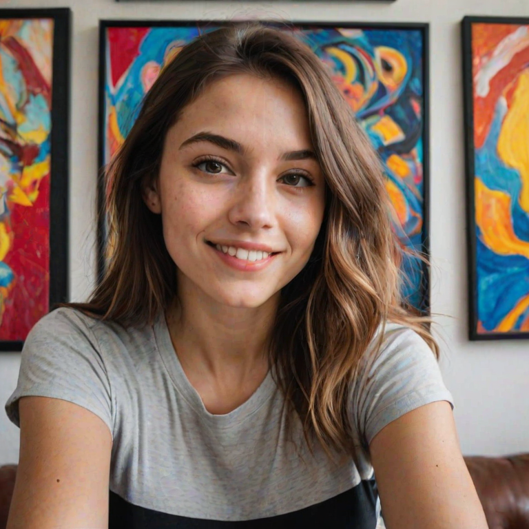 A casual selfie photo taken indoors featuring a young woman standing in front of colorful artwork, with natural daylight softly illuminating her face, and a warm, inviting color palette. The woman has light skin with visible natural textures like pores and a few light freckles. She has a medium build with shoulder-length, slightly wavy dark brown hair styled in loose layers with bangs. Her expression is friendly, with a subtle smile and bright eyes gazing directly into the camera, creating a relaxed and engaging atmosphere. She wears a black Adidas t-shirt with a prominent white logo, and the soft natural light creates a gentle glow on her face, enhancing her facial features without harsh shadows. The background showcases several vibrant, abstract paintings hung on a white wall, adding splashes of color that contrast with her dark outfit. The artwork features a variety of patterns and colors, including reds, blues, and yellows, contributing to an artistic and creative vibe. The overall composition captures the casual and personal nature of the selfie, with the subject standing at arm's length from the camera, centered within the frame, and sharp details throughout, emphasizing both her expression and the lively setting behind her