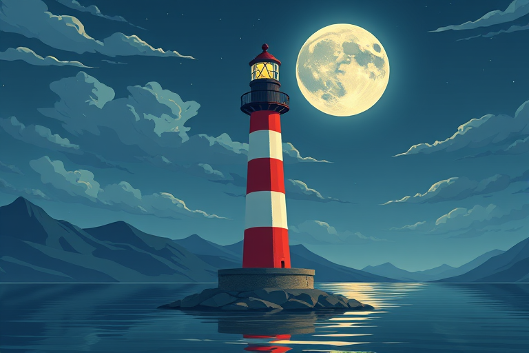 Create an illustration of a lighthouse with a red and white striped tower set against a night sky with clouds and a large moon, surrounded by stylized mountains and water reflections, using a digital art style, ensure high resolution 4K, camera view at eye level, f-stop at f/8 for depth of field, ISO 100 for clarity, use a digital camera type akin to a DSLR.