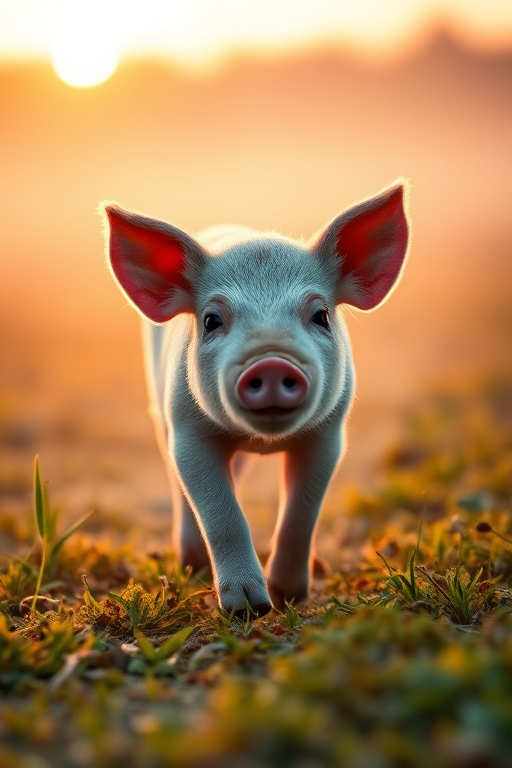a cute piglet walking through a misty field at dawn, vibrant colors, depth of field, 50mm lens, f/1.8 aperture, ISO 200, low angle view, soft focus background, high dynamic range, natural light, high resolution