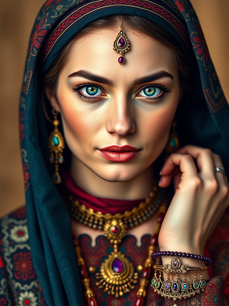 Create a portrait of a beautiful Circassian woman with striking cyan eyes and a gentle expression. She is adorned in traditional attire with intricate patterns, including a richly embroidered headscarf and matching garments. Her jewelry includes a delicate headpiece, dangling earrings, and ornate bracelets, all featuring vibrant gemstones and detailed metalwork. The background is soft and warm, enhancing the rich colors of her outfit and jewelry.
