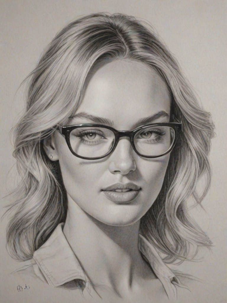 Comely Candice Swanepoel, pencil sketch, portrait of Resplendent woman 1942s in glasses, hair style beatnik, outline, clear lines, fine lines, 8k