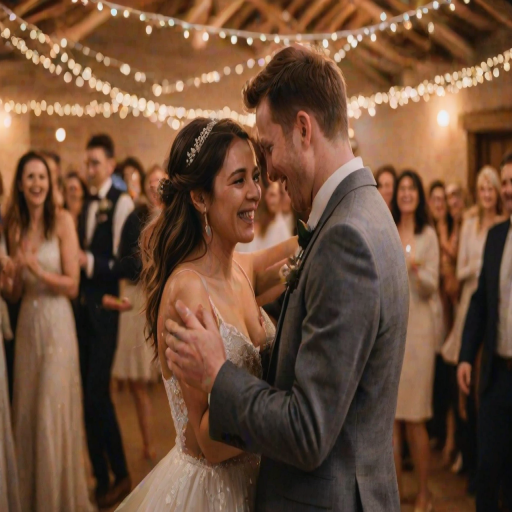 Blurry, candid photo of a wedding couple sharing a first dance under twinkling fairy lights, soft glow illuminating their faces, distant guests clapping and smiling, soft music filling the air, a moment of pure joy captured.