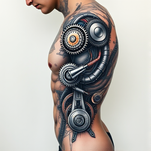 Biomechanical tattoo titled "Cyber Fusion" merging hyper-realistic mechanical components with organic forms seamlessly blending gears wires and circuitry with human anatomy in a futuristic and visually striking manner