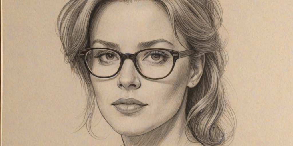 Splendid Cameron Bure, pencil sketch, portrait of Resplendent woman 1978s in glasses, hair style beatnik, outline, clear lines, fine lines, 8k