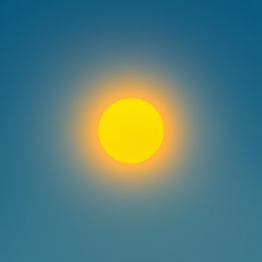 Generate a bright yellow sun against a gradient blue sky background, shot with a DSLR camera at f/8 aperture, 1/250 sec shutter speed, ISO 100, using a wide-angle lens for a vivid and crisp image.