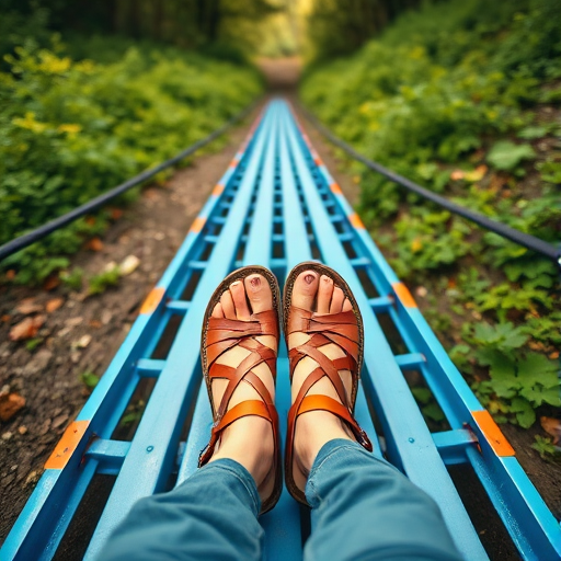 close-up of a person's feet in brown sandals on a blue toboggan track with lush greenery in the background, shot with a Canon EOS R5, 24mm lens, f/2.8, ISO 200, shutter speed 1/250 sec, top-down perspective, vibrant colors.