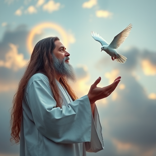 Create an image of a serene figure resembling a spiritual leader, with long hair and a glowing halo, gently releasing a white dove, set against a dramatic sky with soft clouds, captured with a Canon EOS R5 at f/1.8, ISO 100, 50mm lens in soft, diffused lighting for enhanced detail and vibrant colors.