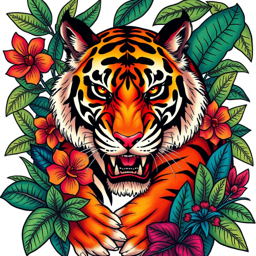 Colorful neo-traditional tattoo portraying a fierce tiger surrounded by lush jungle foliage, bold outlines and vivid hues creating a dynamic and eye-catching design, classic Americana influence with a modern twist
