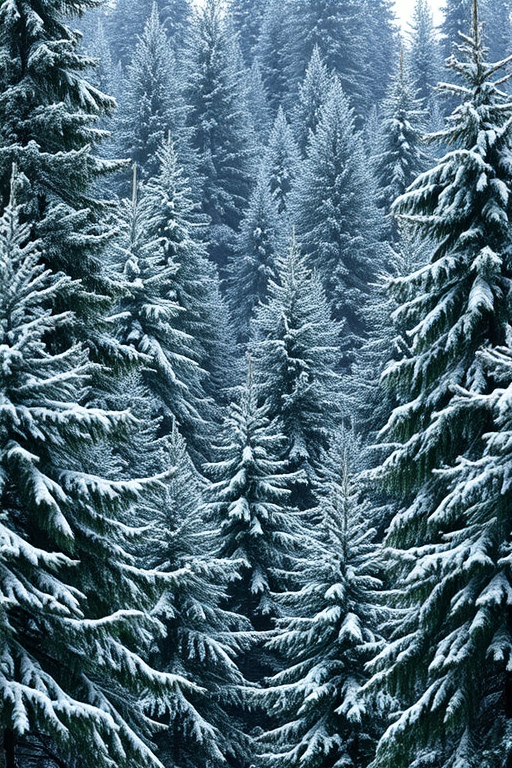 A dense forest of snow-covered evergreen trees during winter, taken with a Canon EOS R5, 50mm f/1.8 lens, aperture f/4, ISO 200, 1/250 sec, shot in soft natural light from a straight-on view to capture details in the foliage.
