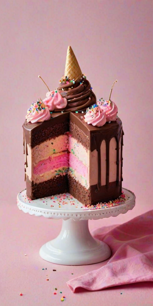 Create an image of a slice of cake with layers of chocolate and pink frosting. The cake should have a whimsical design, featuring a small ice cream cone on top, decorated with colorful sprinkles. The background should be a bright, cheerful color that complements the cake.
