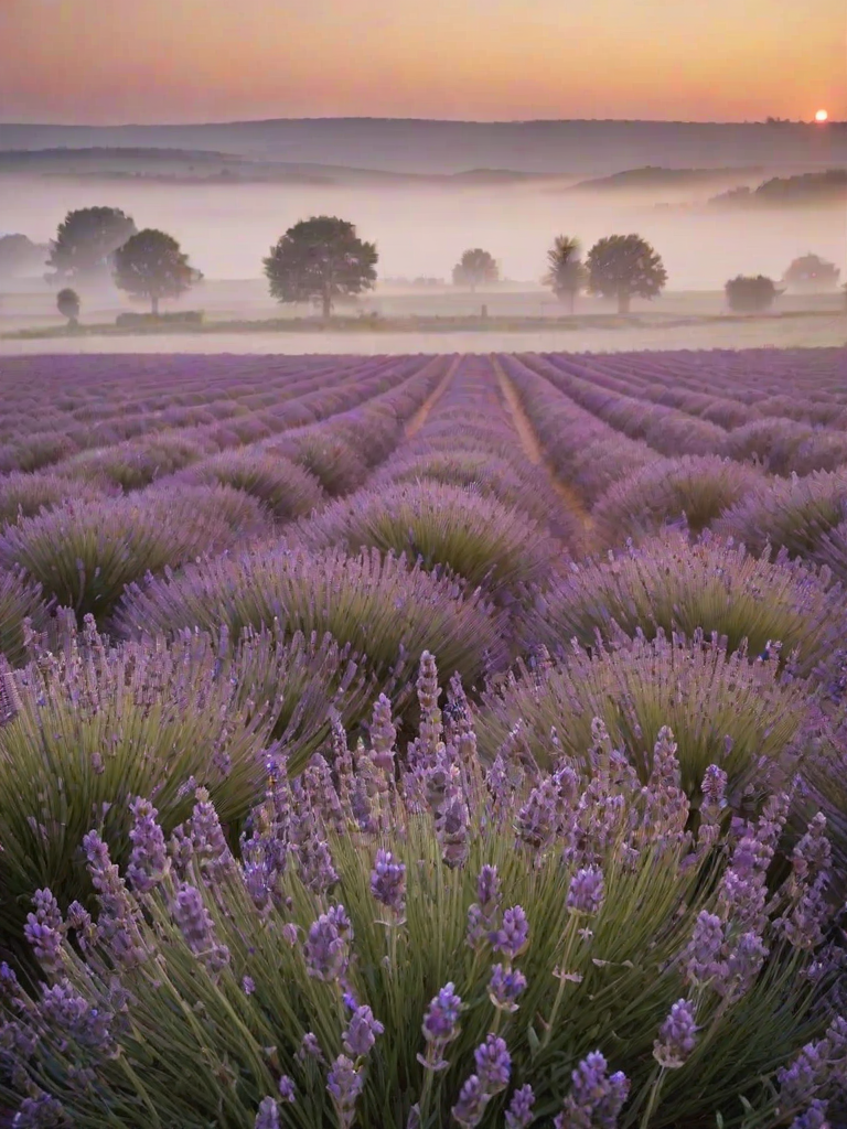 Soft-focus image of a field of lavender swaying gently in the breeze at sunset, soft golden light illuminating the purple flowers and a distant farmhouse barely visible through the mist.