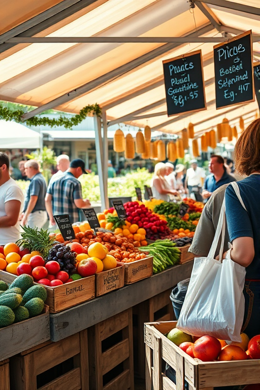 Crisp, detailed photo of a farmer's market stall, bright, colorful fruits and vegetables neatly arranged in wooden crates, a vendor smiling behind the counter, sunlight streaming through a canopy, customers holding reusable bags, soft chatter in the background, price signs handwritten on chalkboards.