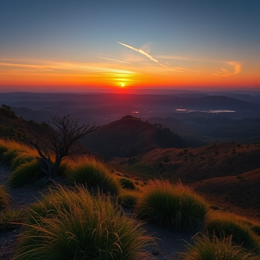 Create a high-resolution image of a serene landscape at sunset, using a Canon EOS R5 with a 24-70mm f/2.8 lens, aperture set to f/8, ISO 100, and a shutter speed of 1/60 second, in a wide-angle view.