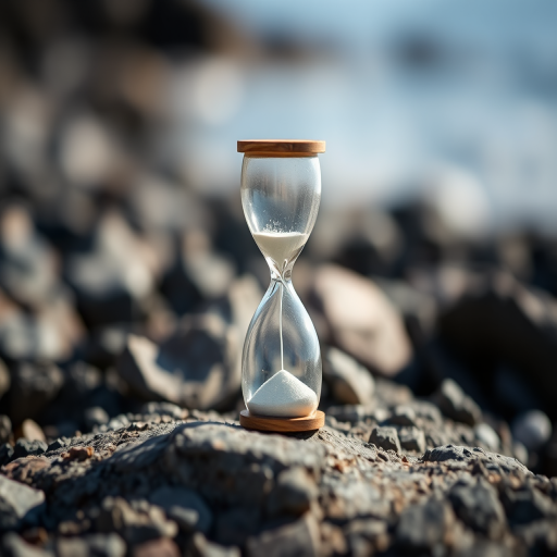 hourglass on a rocky surface with a blurred background, shallow depth of field, aperture f/2.8, ISO 100, shutter speed 1/200s, DSLR camera, 50mm lens, natural lighting