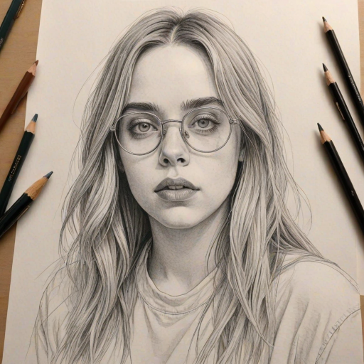 Comely Billie Eilish, pencil sketch, portrait of Gorgeous woman 1979s in glasses, hair style beatnik, outline, clear lines, fine lines, 8k