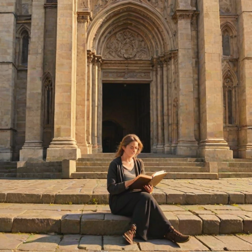 Old European cathedral at dawn, its stone facade bathed in golden light, a woman sits on the steps, sketchbook open on her lap, capturing the ancient architecture.