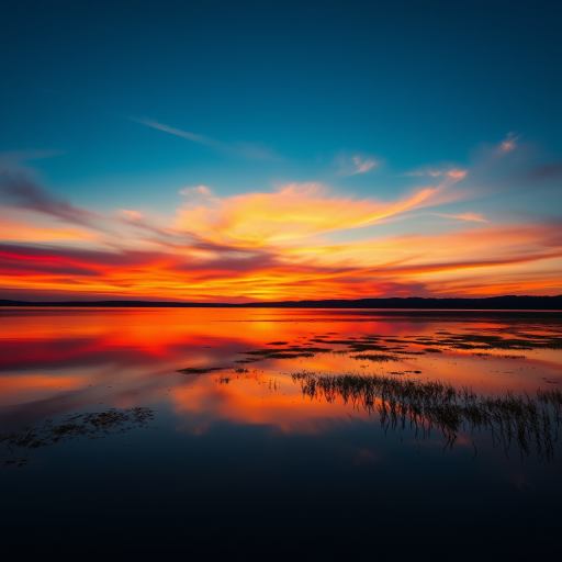 Generate a high-resolution image of a serene sunset over a tranquil lake with vibrant colors and reflections, captured with a DSLR camera at f/8 aperture, ISO 100, 1/200s shutter speed, using a wide-angle lens at 24mm, in landscape orientation.