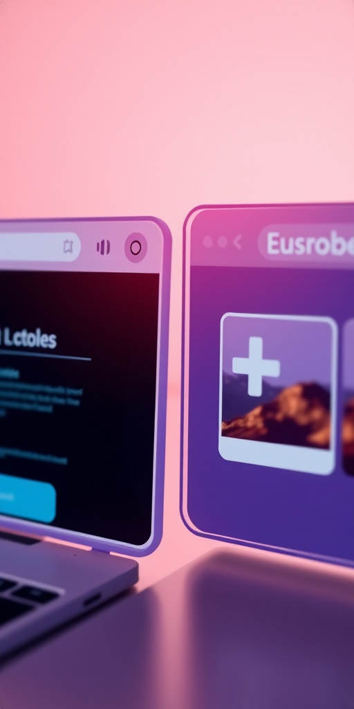 create an image of two browser windows with 3D elements, one showing a link and the other displaying a plus icon and an image, perspective view, 50mm lens, aperture f/8, ISO 100, soft lighting for enhanced detail