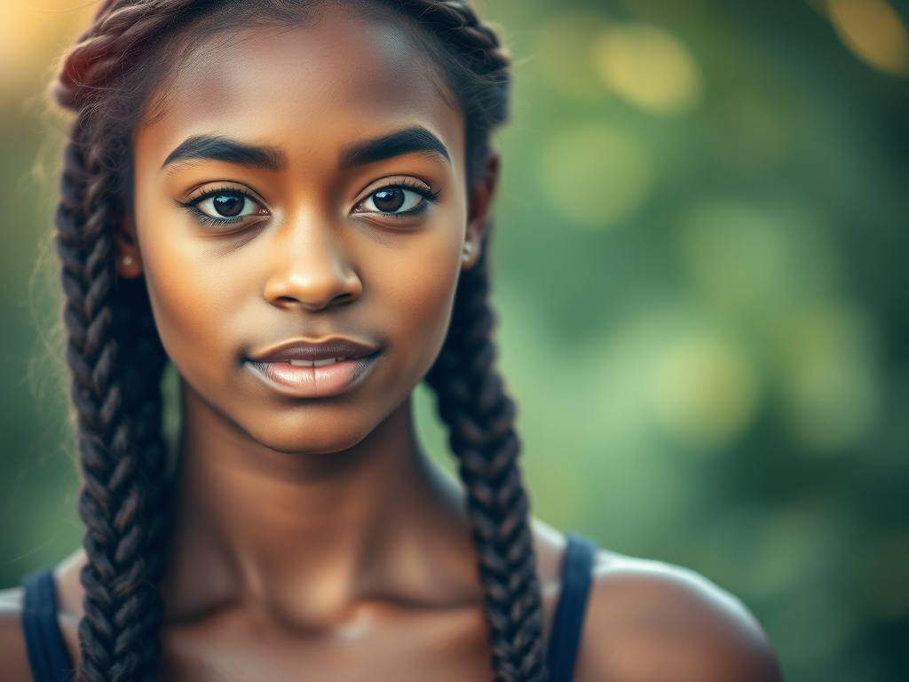 Portrait of a young woman with braided hair and ethereal bokeh background, soft focus, 50mm lens, f/1.8 aperture, ISO 100, shot in natural light, vibrant colors, high dynamic range photography.