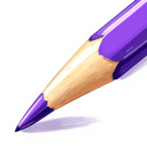 Create a detailed illustration of a purple pencil with a shiny finish, using a DSLR camera with a 50mm lens, aperture set to f/2.8, ISO 100, and natural soft lighting to enhance the colors and details.