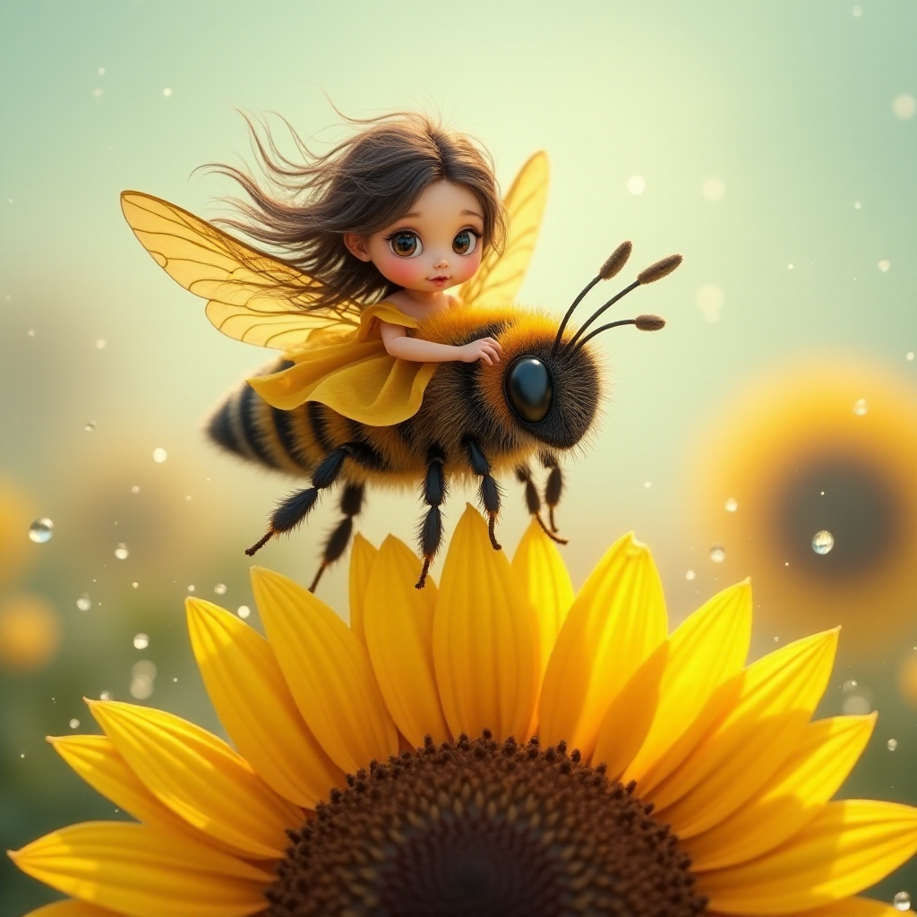 a whimsical cute girl with big eyes, big hair and flowing dress, riding astride a bumble bee, and flying across the top of the sunflower, which are just waking up, and catching dew drop of rain