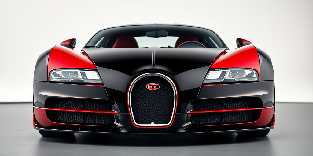 Create a hyper-realistic image of a black and red Bugatti Veyron, shot with a Canon EOS R5 at f/8, ISO 100, and 1/200 sec, using a low-angle perspective and soft studio lighting to enhance reflections and details.