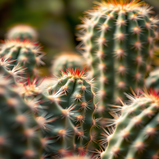 Regenerate the image of cacti in a soft-focus background with a DSLR camera, 50mm lens, aperture set at f/2.8, ISO 100, shot from a slightly elevated angle to capture the details of spines and textures, with natural lighting for vibrant colors.
