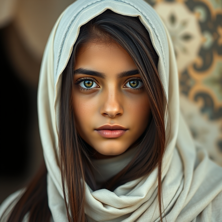 Create a portrait of a young Chaldean female with long, dark hair and captivating hazel eyes. She is wearing a white headscarf and a matching scarf draped gracefully around her neck. The background is softly blurred, focusing attention on her serene and natural expression. The overall color palette is muted and warm, enhancing the intimate and authentic feel of the portrait.