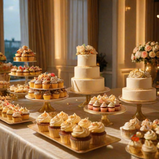 Warmly lit photo of a luxurious dessert table at a wedding reception, showcasing an array of beautifully decorated cakes, cupcakes, and pastries, soft golden light enhancing the festive atmosphere.