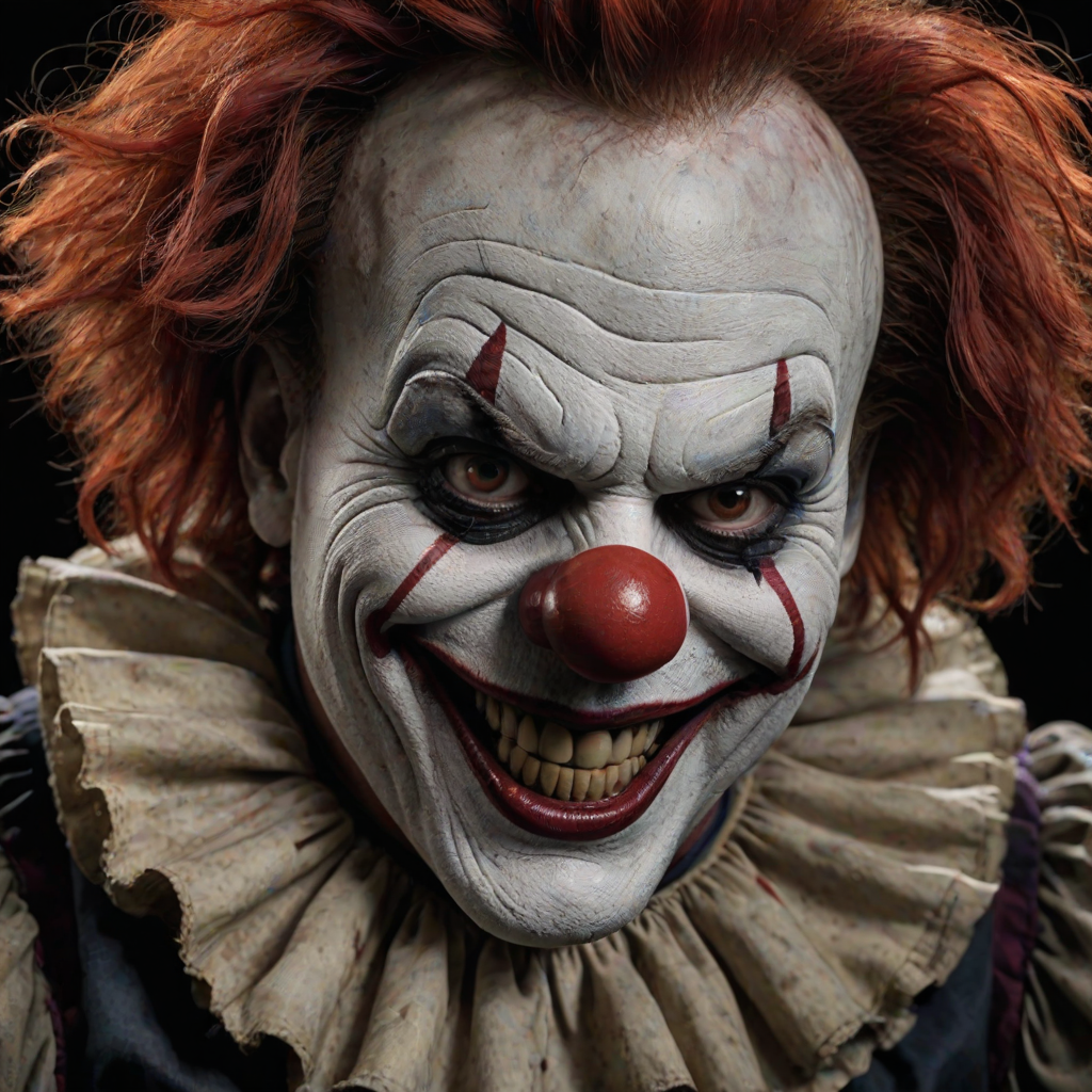 Create a hyper-realistic, dark, and eerie clown with a sinister smile, set against a black background. The clown should have exaggerated makeup with sharp, contrasting colors to enhance its menacing appearance. The overall atmosphere should be unsettling and intense, capturing a sense of horror and suspense