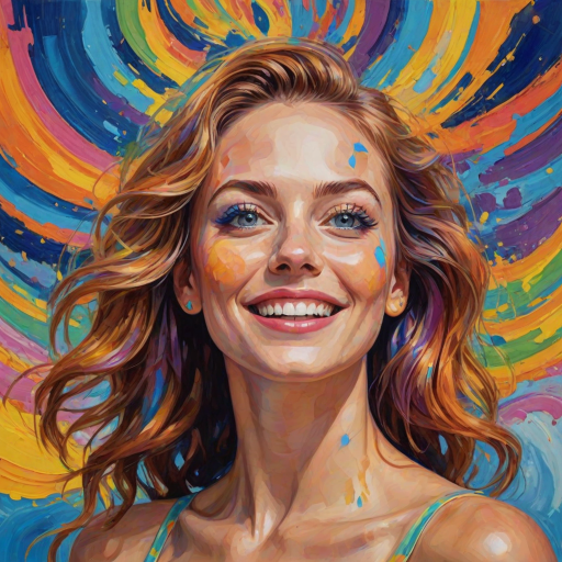 Generate a psychedelic portrait of a woman's happy face with brushstrokes of a woman smiling and looking up at the sky, emphasizing bright and bold colors. The dominant color should be deep blue, with swirling patterns of yellow, green, pink, purple and orange. open blue eyes with long eyelashes, apply an orange-yellow eyeshadow for a mesmerizing effect.