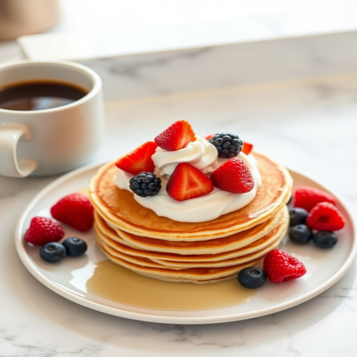 Capture a high-resolution image of a stack of pancakes topped with whipped cream and fresh berries, arranged on a plate beside a white cup of coffee, set on a marble countertop; use a DSLR camera with a 50mm f/1.8 lens, aperture set to f/4 for sharpness, ISO 200, shutter speed at 1/125s, in natural light for a bright and inviting look.