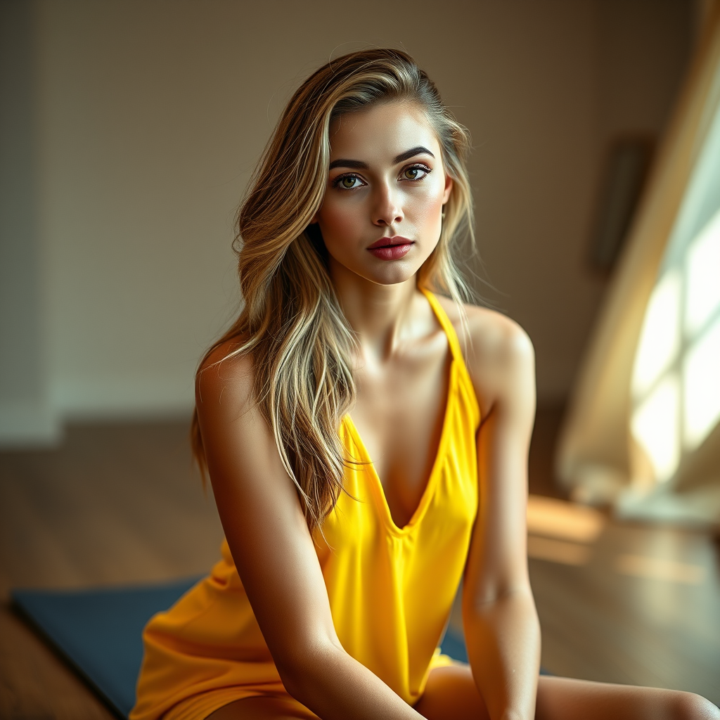 Resplendent photo of woman:caucasian:0.4, highlight hair, wearing Banana dress, sitting on Yoga mat, rim lighting, studio lighting, looking at the camera, dslr, ultra quality, sharp focus, tack sharp, dof, film grain, Fujifilm XT3, crystal clear, 8K UHD, highly detailed glossy eyes, high detailed skin, skin pores
