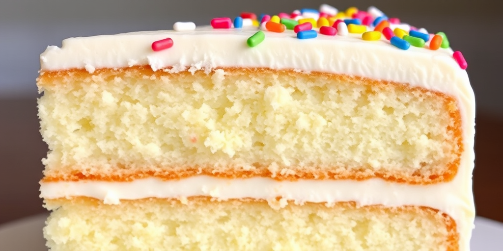 A slice of vanilla cake with white frosting and colorful sprinkles on top, showcasing the soft texture and layered interior of the cake.