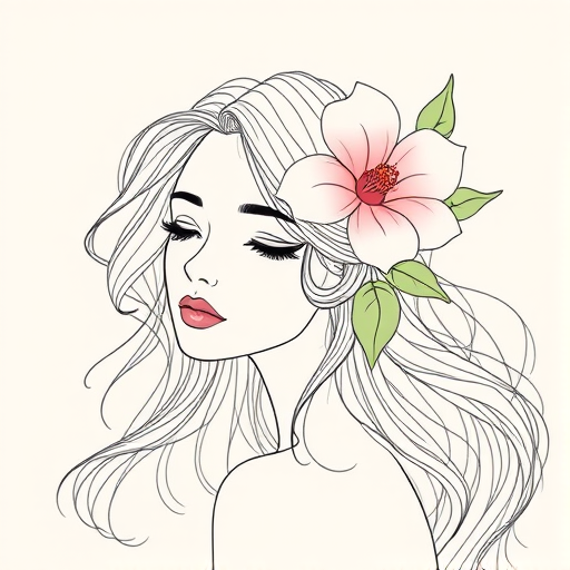 Create a delicate line art illustration of a woman with flowing hair, adorned with a large pink flower and subtle green leaves, set against a soft beige background, captured using a Canon EOS R5 with a 50mm f/1.2 lens, aperture set to f/2.8 for a shallow depth of field, and a soft diffused lighting style to enhance the image quality.