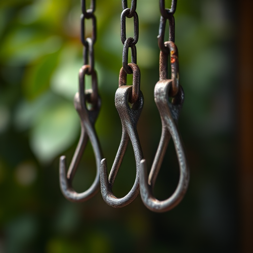 Regenerate image of three metal hooks hanging from chains with a focus on texture and detail, using a DSLR camera at f/8 aperture, ISO 100, 50mm lens, in natural lighting, with a shallow depth of field and a slightly elevated angle for a dynamic view.