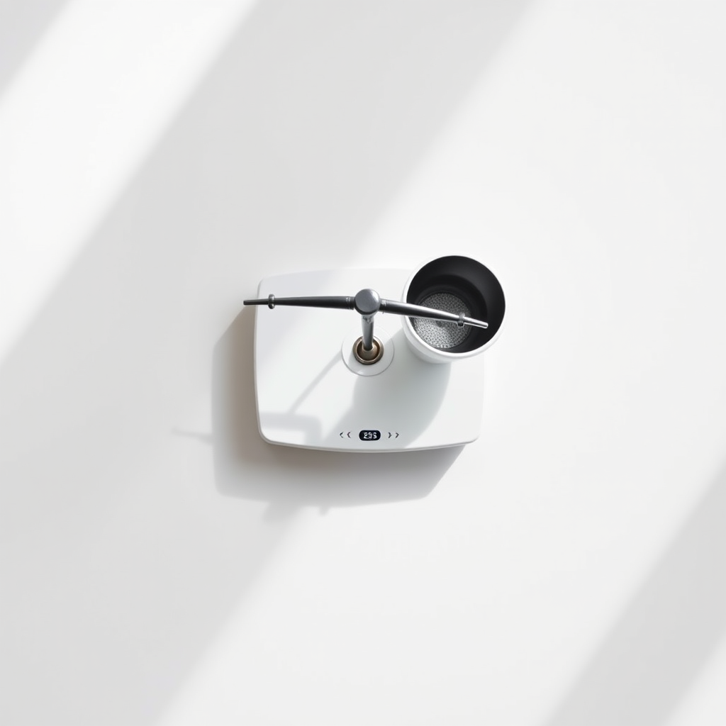 Create an image of a balanced scale with a minimalist design, using a clean white background, captured with a Canon EOS R5, 50mm lens, f/2.8 aperture, 1/100s shutter speed, ISO 100, top-down view, and bright lighting for enhanced clarity and vibrancy.