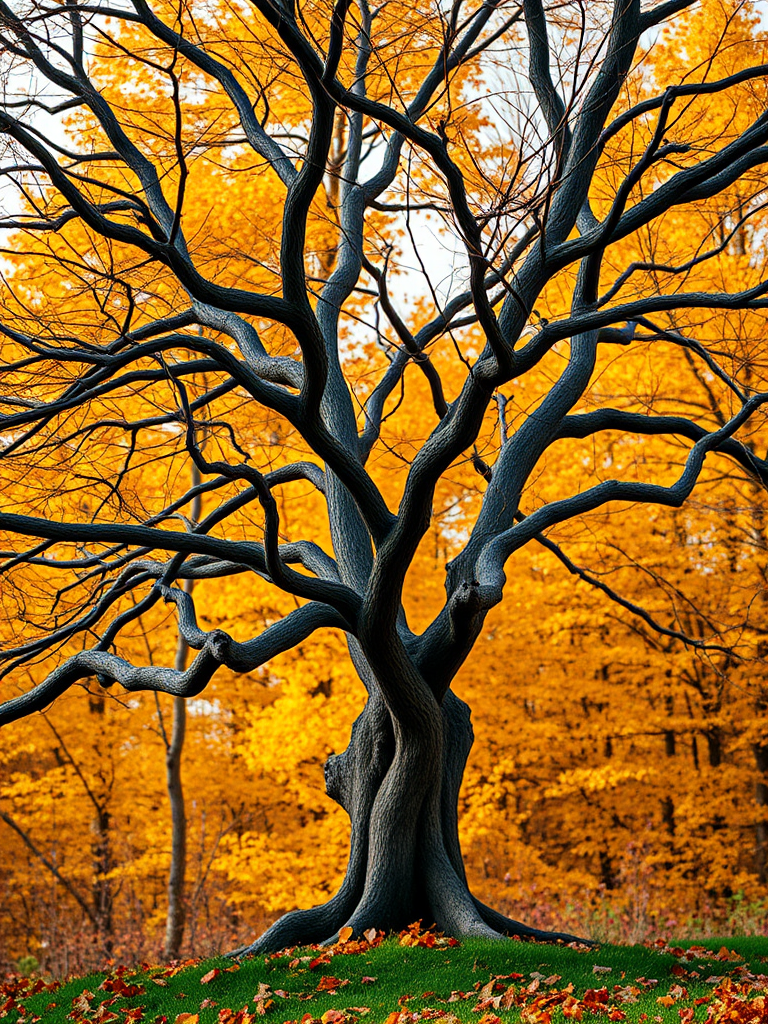 Capture a vibrant autumn landscape featuring a gnarled tree with intricate branches in the foreground, surrounded by a backdrop of golden leaves, using a Canon EOS R5 with a 50mm lens set to f/2.8, ISO 200, shutter speed 1/100s, taken from a low angle for depth, in soft natural light for enhanced color saturation.