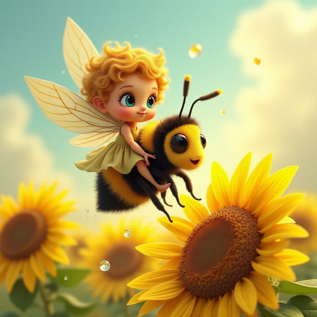 a whimsical cute girl with big eyes, big hair and flowing dress, riding astride a bumble bee, and flying across the top of the sunflower, which are just waking up, and catching dew drop of rain