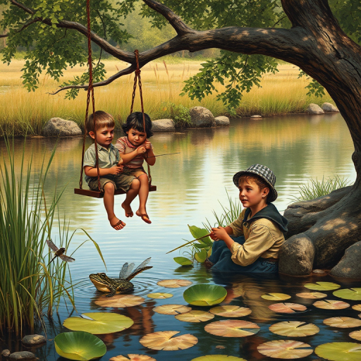 Imagine a small group of old fashioned young boys out fishing by the creek, a swing hanging from a tree branch, reeds and grasses by the water's edge, a frog sitting on a lily pad, dragonflies hovering over som water plans, a very iconic old fashioned scene reminiscent of a Norman Rockwell painting style