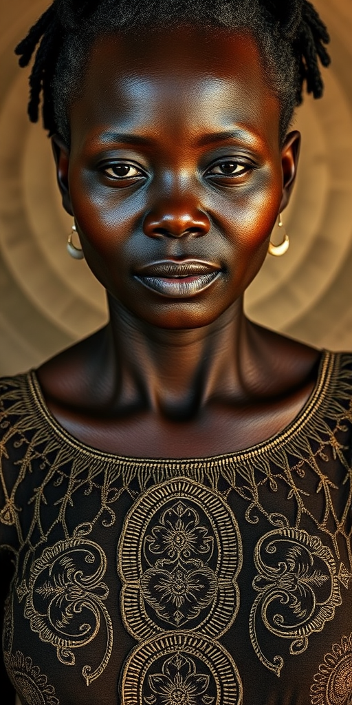 Face, shoulders, chest covered in openwork Yoruba embroidery. Raw, unedited image.
