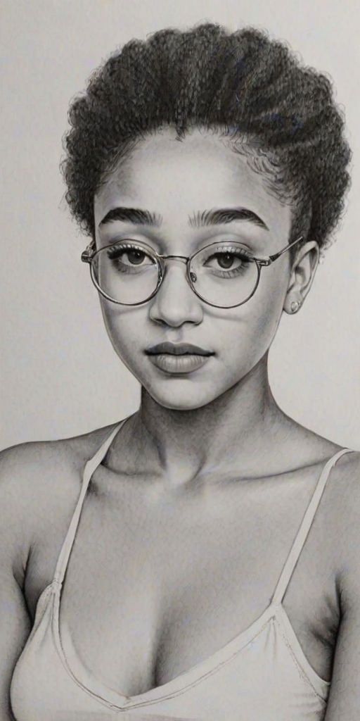 Fascinating Amandla Stenberg, pencil sketch, portrait of Graceful woman 1937s in glasses, hair style beatnik, outline, clear lines, fine lines, 8k
