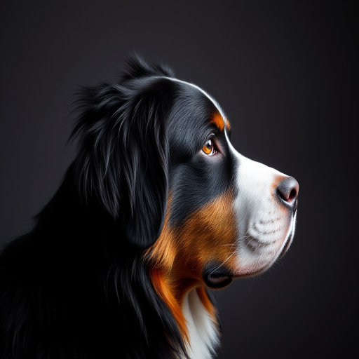 Regenerate an image of a Bernese Mountain Dog in profile, using a DSLR camera with a 85mm lens, aperture f/1.8, ISO 100, low light setting, soft focus background, portrait orientation.