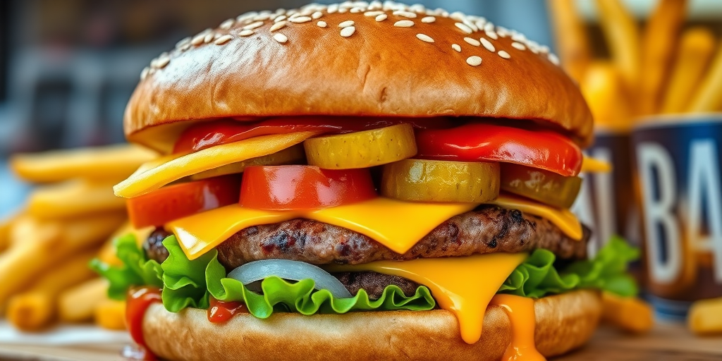 High-resolution, close-up image of a gourmet double cheeseburger. The burger features a glossy, sesame-seed-topped brioche bun. Inside, there are two thick, juicy beef patties, each topped with melted cheddar cheese. The burger is garnished with fresh lettuce, tomato slices, diced onions, and pickles. A generous amount of ketchup and a creamy, orange-colored sauce is dripping down the sides, adding to the mouth-watering appeal. In the background, there are blurred elements including a side of golden French fries and a hint of a beverage, enhancing the overall presentation of a delicious meal.