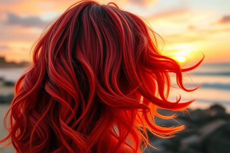 Fiery crimson ombre fades into warm coral tips, styled in voluminous beach waves that evoke the image of a breathtaking sunset, radiating warmth and passion.